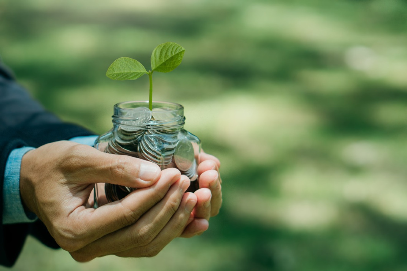 man holding a jar with coins and a sapling